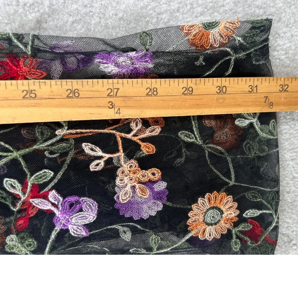 Whimsical Romantic Floral Embroidered Mesh Infinity Scarf‎ Black Sheer Chic Boho